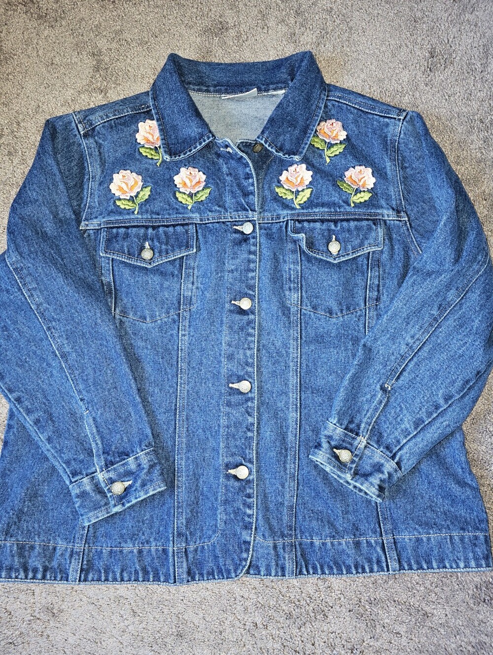 Bill Blass Vintage 90 Y2K Dark Wash Denim Floral Detail Blazer Jacket Sz Large